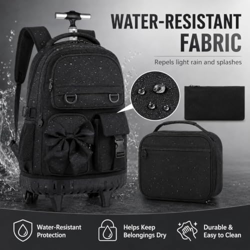 3Pcs Rolling Backpack for Girls Women, School Kids Roller Bookbag with Wheels, Wheeled Backpacks Set for Elementary (Black) - color: Bow Black
