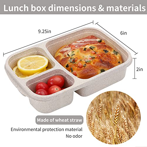 buluker 4 Pack Bento Lunch Box Set 3 Compartment Food Storage Containers Wheat Straw Meal Prep Lunch Box Plastic Food Storage Containers, Microwave and Dishwasher Safe (light colour) - color: 4 Pack（light colour)