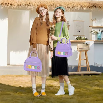 Lunch Bag for Girls and Women, Cute Preppy Lunch Bag with Chenille Letters, Insulated Large Capacity Lunch Tote with Detachable Strap for School, Work & Picnic, Purple - color: Purple