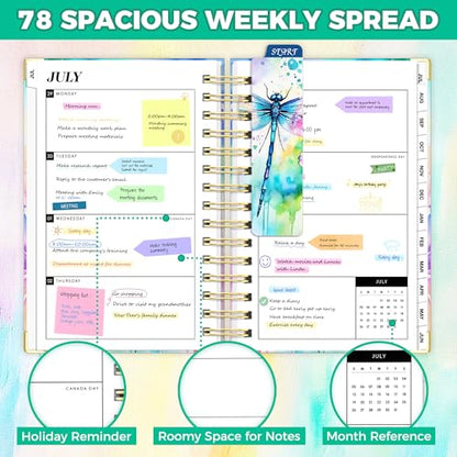 Academic Planner 2026-2027, 18 Months Weekly & Monthly Calendar Planner | July 2026 - Dec 2027, 6.6" x 8.3 A5 Size, Hardcover Daily Agenda with Tabs, Inner Pocket, Bookmark, Stickers, Sticky Note Set - color: Colorful Dragonfly, size: A5