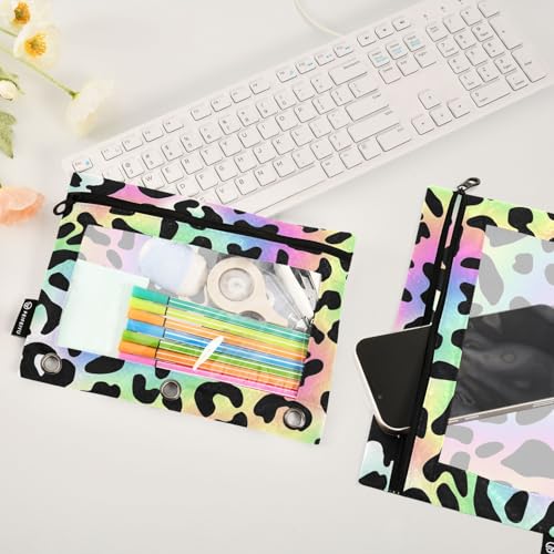Pencil Pouch for 3 Ring Binder Trendy Neon Leopard Binder Pencil Case with Smooth Zipper Clear Window Pencil Case 2 Pack for Office School College Supplies - color: Trendy Neon Leopard