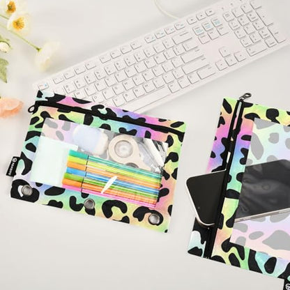 Pencil Pouch for 3 Ring Binder Trendy Neon Leopard Binder Pencil Case with Smooth Zipper Clear Window Pencil Case 2 Pack for Office School College Supplies - color: Trendy Neon Leopard