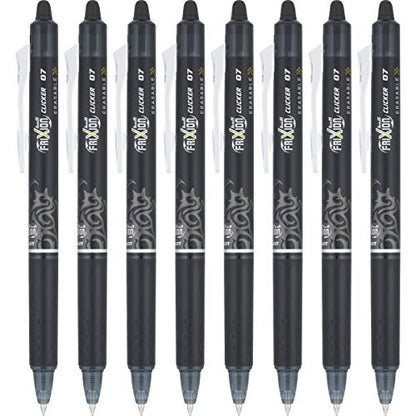 Pilot FriXion Clicker Erasable Gel Pens, Fine Point (0.7mm), Black Ink, 8-Pack - Refillable, Smooth Writing Pens for School, Journaling, and Office Use