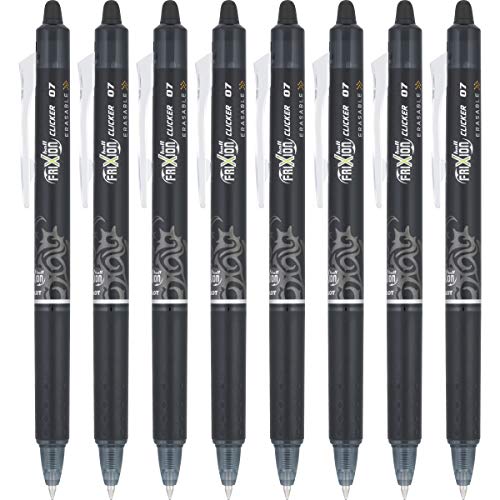 Pilot FriXion Clicker Erasable Gel Pens, Fine Point (0.7mm), Black Ink, 8-Pack - Refillable, Smooth Writing Pens for School, Journaling, and Office Use