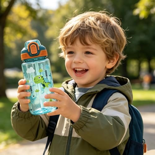 20oz Leak Proof Kids Water Bottle, Sturdy and drop-resistant, with Straw & Handle for School Travel, BPA Free, Dishwasher Safe (Dinosaur) - color: Dinosaur