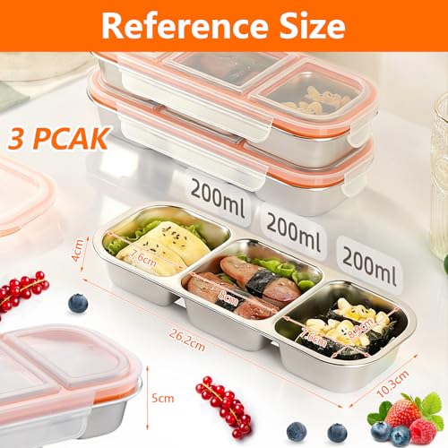 3 Pack Container Sets, Stainless Steel Food Containers, 3-Compartment Leak-Proof Lunch Box Set, Reusable Bento Boxes, Stackable Storage Containers, Ideal for School, Daycare, Work, and Travel