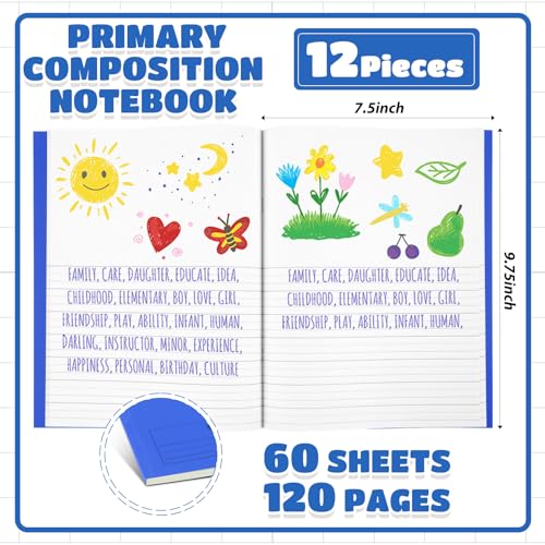 Henoyso 12 Pcs Primary Composition Notebooks k-2 for Kids, 120 Pages Draw and Write Journal Bulk for Kindergarten Classroom Preschool Teachers, Back to School Supplies (Blue) - color: Blue