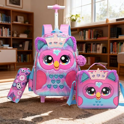 Backpack with Wheels for Girls,Rolling Backpack for Kids 6-8,Lightweight Wheeled School Backpack with Pencil Case,Cute Owl Bookbag for Students - color: Purple Owl