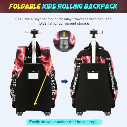 Scothen Rolling Backpack for Boys, Cool Luminous Gamer Roller School Backpacks for Boys with Lunch Bag and Pencil Pouch, Kids Backpack Bookbag with Wheels for Kindergarten Elementary Middle School - color: Red Lightning
