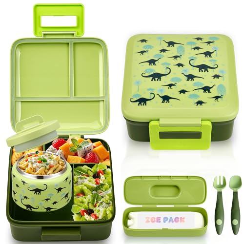Bento Lunch Box for Kids with 8oz Soup Thermo Leak-Proof Lunch Food Containers with Snack Sauce Container for Kid Girls Boys to School (Forest Dinosaur) - color: Forest Dinosaur