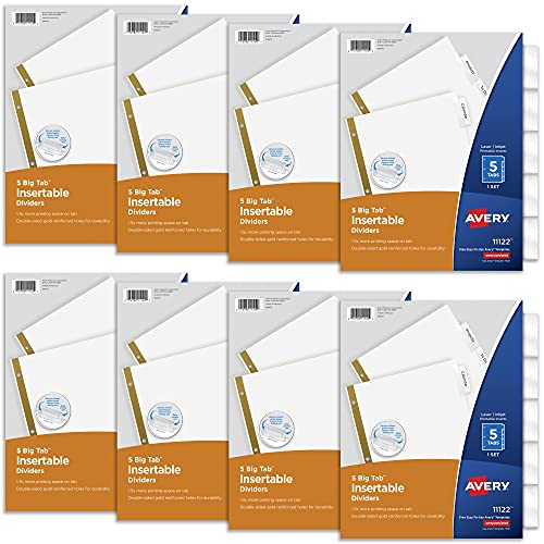 Avery 5 Tab Binder Dividers, White with Insertable Clear Big Tabs, 1 Set Pack, 8 Packs, 8 Sets Total (11122) - style: 8 Sets