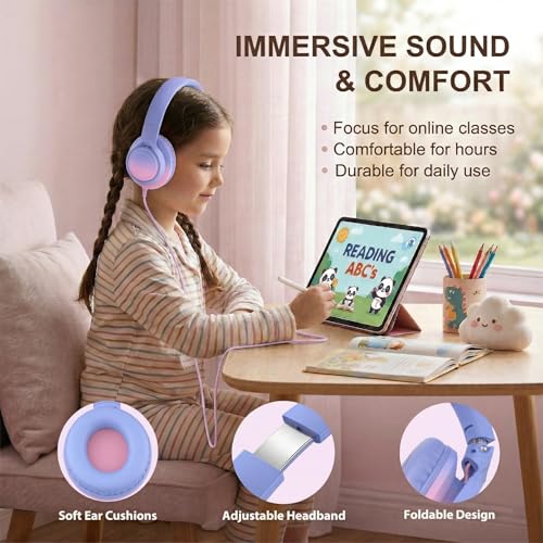 Kids Headphones Wired with Microphone, 85/94dB Volume Limit, 3.5mm Jack & USB-C Adapter, Foldable Over Ear Headset for School, Tablet, iPad, Laptop, Travel (Pink) - color: Gradient Lavender & Pink