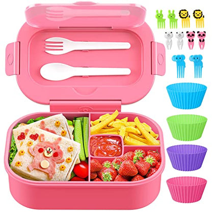 Bento Box, 44oz 4 Compartment Lunch Container with Cutlery for Kid/Adult/Toddler, Leak Proof, Microwave/Dishwasher/Refrigerator Safe, BPA Free (Pink) - color: Pink