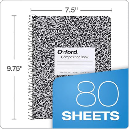 Oxford Spiral Composition Notebooks, 4 Pack, College Ruled Paper, 9-3/4 x 7-1/2 Inches, 80 Sheets, Black Marble Cover (64951) - size: College Rule