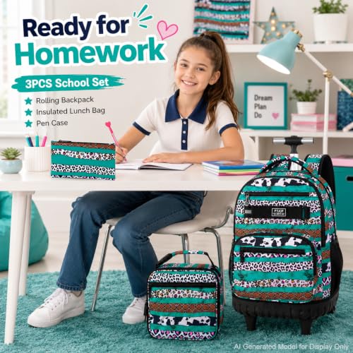 AGSDON Bold Leopard Stripe Wheeled Backpack Set – 20” Girls Rolling Bookbag with Matching Lunch Box for Travel, Commute & School | Water-Resistant Fashion Roller Organizer in Green - color: Rolling Backpack Set - Leopard Stripe Green