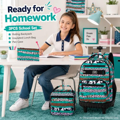 AGSDON Bold Leopard Stripe Wheeled Backpack Set – 20” Girls Rolling Bookbag with Matching Lunch Box for Travel, Commute & School | Water-Resistant Fashion Roller Organizer in Green - color: Rolling Backpack Set - Leopard Stripe Green