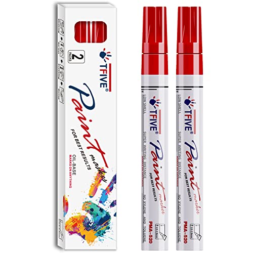 TFIVE Red Permanent Markers Paint Pens, 2 Pack Oil Based Paint Markers | Waterproof, Quick Dry, Never Fade, Medium Tip Marker Pens for Rock Painting, Wood, Metal, Plastic, Canvas, Glass, Rubber - color: Red