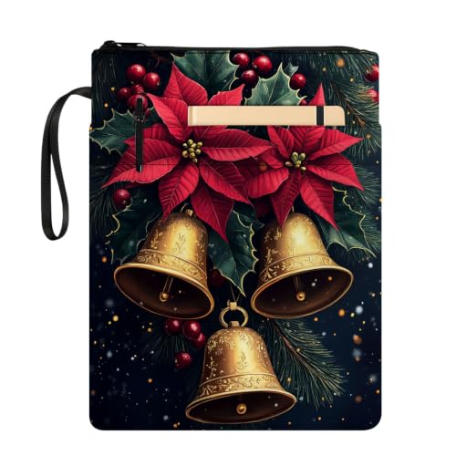 Padded Book Sleeve with Zipper & Front Pocket, Fabric Book Cover | Christmas Gold Bells Holly11.4"x8.7" Washable Canvas Pouch for Hardcovers, Tablets & Reading Accessories - color: Christmas Gold Bells Holly