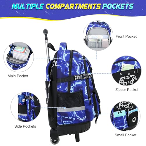 Scothen Rolling Backpack for Boys, Cool Luminous Gamer Roller School Backpacks for Boys with Lunch Bag and Pencil Pouch, Kids Backpack Bookbag with Wheels for Kindergarten Elementary Middle School - color: Blue-lightning