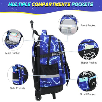 Scothen Rolling Backpack for Boys, Cool Luminous Gamer Roller School Backpacks for Boys with Lunch Bag and Pencil Pouch, Kids Backpack Bookbag with Wheels for Kindergarten Elementary Middle School - color: Blue-lightning