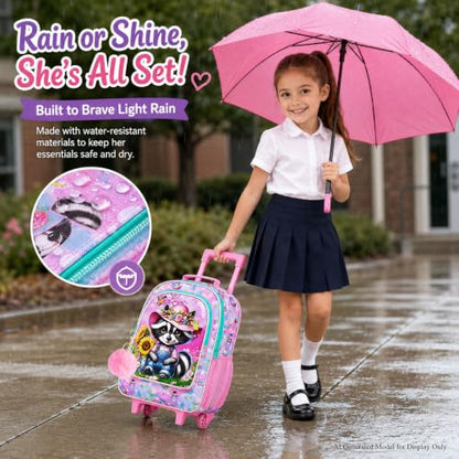 gxtvo Girls Rolling Backpack, Cute Raccoon Roller Wheels Kids Bookbag - Wheeled Elementary School Bag - 3PCS Raccoon - color: Uv Printing Raccoon Pink Rolling Backpack
