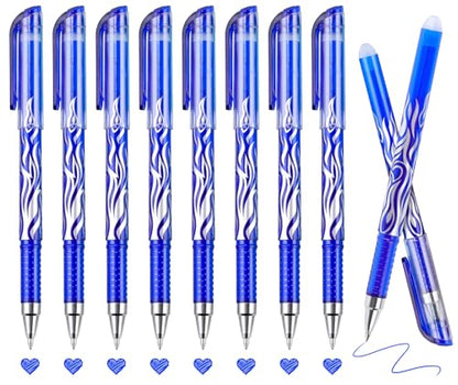 8 Pack Blue Ink Erasable Gel Pens, 0.5mm Fine Point, Flame Patterned Barrel, Comfortable Grip, with Eraser, Ideal for Journaling, School Work, Office Tasks, Note Taking, DIY Projects - color: 8 Blue