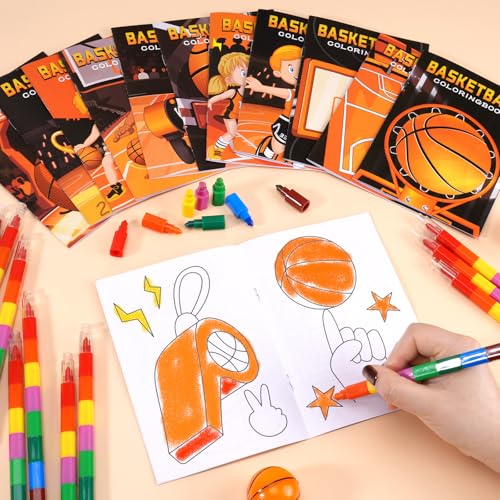BenLouis 24 Basketball Mini Coloring Books Kids with 24 Stacking Crayons Basketball Party Favors Activity Books Bulk for Kids Sports Goodie Bag Gift Stuffer Classroom Reward - style: Basketball