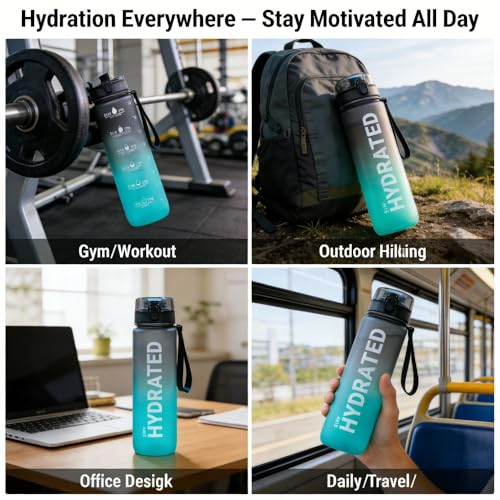 32oz Water Bottle with Time Marker, Leakproof & Durable BPA Free Wide Mouth Bottle for Gym, Travel, Home, School, Office (1 Bottle) - Black Blue - color: Black Blue