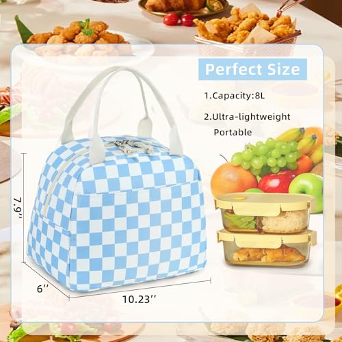 LEDAOU Kids Lunch Bag for Girls, Insulated School Lunch Box, Lightweight | Insulated interior, lightweight design, front pocket, smooth dual zippers, ideal for school and travel - color: Blue White Checkered