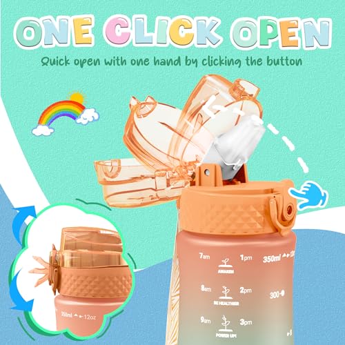 OLDLEY Kids Water Bottle for School, 12 oz (2 lids) BPA-Free Reusable Leak-proof Durable Tritan Plastic Water Bottles with Straw & Chug Lids, Anti-dust Spout Cover (Sunflower) - color: Sunflower, size: 12 Ounces