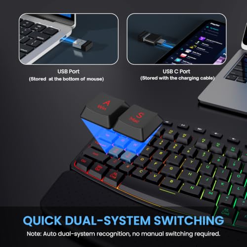 COLIKES Ergonomic Wireless Keyboard and Mouse Silent, Rechargeable Wave Keyboard with 15 Lighting RGB Backlit Effects, Soft Leather Wrist Rest, 3200 DPI Mouse for PC Computer Laptop Windows Mac
