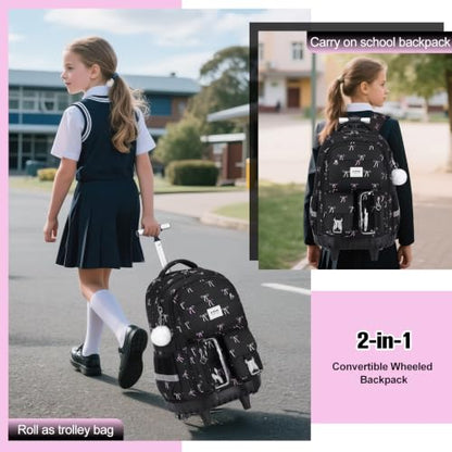 ACESAK Rolling Backpack for Girls, Roller Backpack with Lunch Bag & Pencil Pouch for Teen Girls Kids, Bookbag Backpack with Wheels for Women Elementary Middle High School Travel (Black Bow) - color: Black Bow
