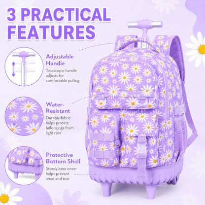 CCJPX Rolling Backpack for Girls, 3Pcs Roller Wheeled School Bookbag, Daisy Wheels Backpacks with Lunch Box for Kids (Purple) - color: Daisy Purple