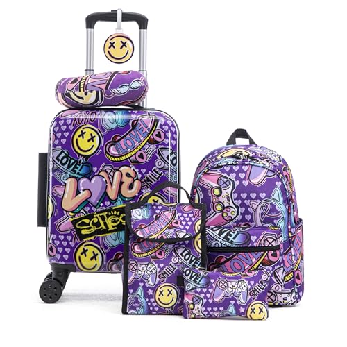 16’’ Kid’s Luggage Set with Spinner Wheels, Hardside with Suitcases,6 Piece | Carry on Luggage, Travel Rolling Luggage Airline Approved Suitcase Set with Spinner Wheels Girls Boys - color: Emoji