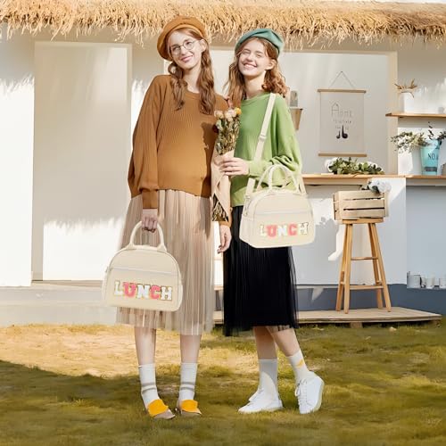 Lunch Bag for Girls and Women, Cute Preppy Lunch Bag with Chenille Letters, Insulated Large Capacity Lunch Tote with Detachable Strap for School, Work & Picnic, Beige - color: Beige