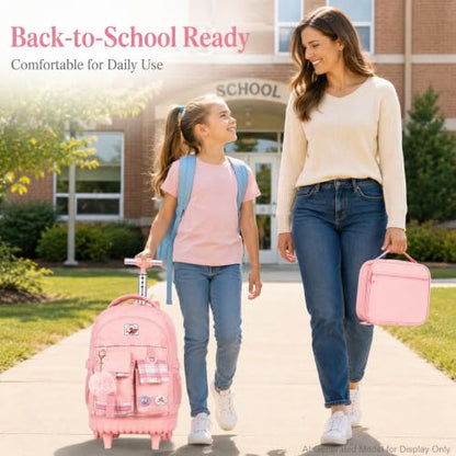 gxtvo 3PCS Rolling Backpack for Girls, Women Wheeled Bookbag with Lunch Box for Adults, Kids Water Resistant Roller School Bag for Teens Travel - Pink - color: 3pcs Set Pink