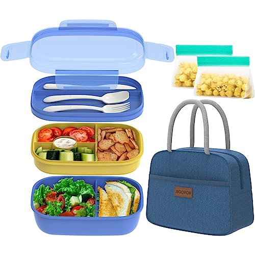 JBGOYON Leakproof Bento Box & Insulated Lunch Bag Set, 4-Piece, Blue | 6-hour thermal retention, includes nested knife fork spoon, 2 reusable snack pouches, designed for adults and kids - color: Blue set