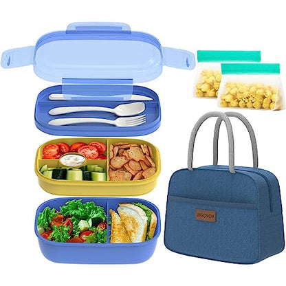 JBGOYON Leakproof Bento Box & Insulated Lunch Bag Set, 4-Piece, Blue | 6-hour thermal retention, includes nested knife fork spoon, 2 reusable snack pouches, designed for adults and kids - color: Blue set