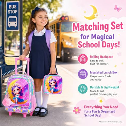 3PCS Kids Rolling Backpack, Girls Roller Wheels Bookbag, Wheeled Elementary School Bag with Lunch Bag - Mermaid - color: Moon Xn Zifa Roller