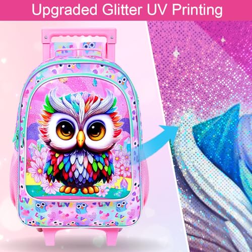 HPJGD 3PCS Owl Rolling Backpack for Girls, Kids School Backpacks with Wheels, Water Resistant UV Printed Roller Wheeled Bookbag Set - color: Glittering UV Priting Owl Pink Rolling Backpack