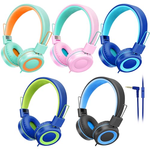 CN-Outlet 5 Pack Kids Headphones Bulk for School Classroom Students Teens Toddler, Wired Adjustable Headsets for Libraries Families Childern and Adults (Mixed Colors with MIC) - size: 5 PACK