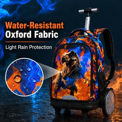 KLFVB Big Quiet-Glide Wheels Rolling Backpack, 3-in-1 Roller Bag Set with Lunch Bag | Water-Resistant Wheeled Bookbag for Boys, School, Travel, Play - Flame T-Rex - color: Rolling Backpack with Big Wheels - Flame T-Rex