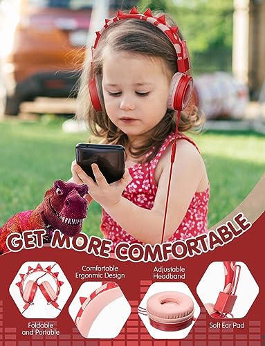 SIMJAR Dinosaur Kids Headphones with Microphone for School, Volume Limiter 85/94dB, Over-Ear Girls Boys Headphone for Kids with Foldable Wired Headphones for iPad/Travel (Red) - color: Red Dinosaur