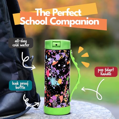Elemental Iconic Kids Water Bottle with Straw Lid & Stress Relief Pop It Handle, Leak-Proof When Closed, Triple Insulated Kids Stainless Steel Water Bottle For Girls and Boys, 14oz -Green Splatter - color: Green Paint Splatter, size: 14 Ounces