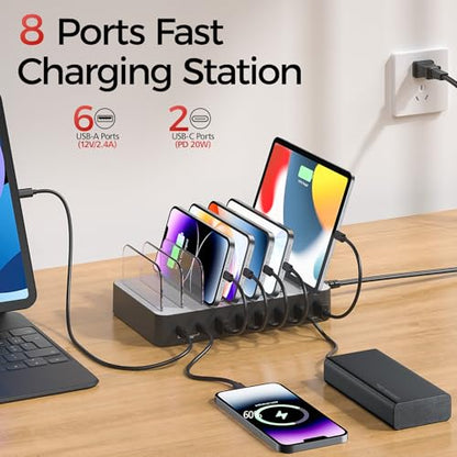 Unitek 8 Port USB Charger Dock - 2 PD 20W USB-C + 6 USB-A Ports Fast Charging Station for iPhone, iPad, Samsung Devices - Black Multi Tablet Holder & Organizer
