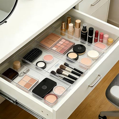 14 Pcs Clear Plastic Drawer Organizer Tray with 2 Pcs 15"x6" Extra Large Trays, Multi-Purpose Storage Bins for Vanity, Makeup, Kitchen Utensils, Bathroom, Office Desk, Auto Tools & Craft Supplies - size: 2 Pack 15×6", 3 Pack 9×6", 9 Pack 3×6"
