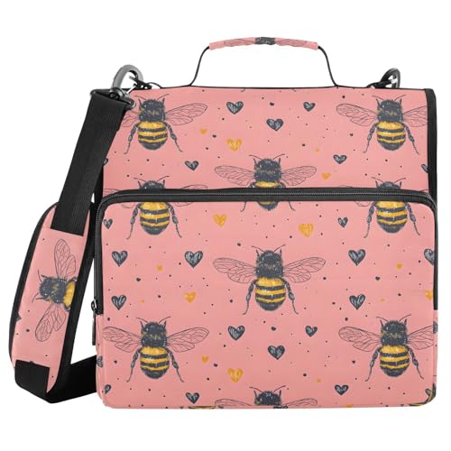 3 Ring Zipper Binder Vintage Bee Pink Binders Bag with Shoulder Strap 500 Sheets Paper Organizer Trapper Keeper Documents Storage File Folder for School Office - color: A109