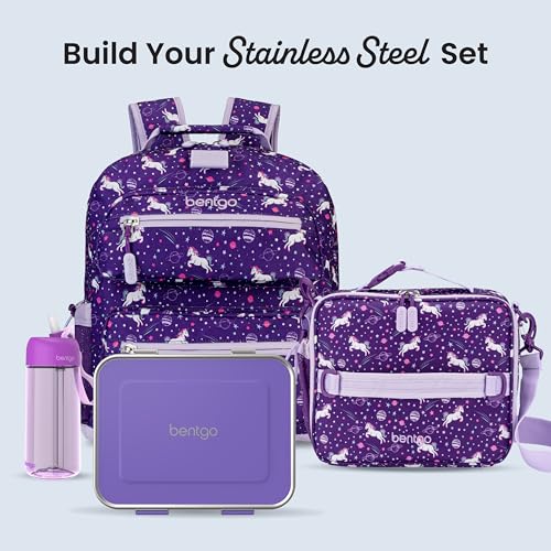 Bentgo Kids Stainless Steel Leak-Resistant Lunch Box - 3-Compartments with Bonus Silicone Container, Durable, Eco-Friendly, Dishwasher Safe, BPA-Free, Ideal for School, Ages 3+ (Purple) - color: Purple