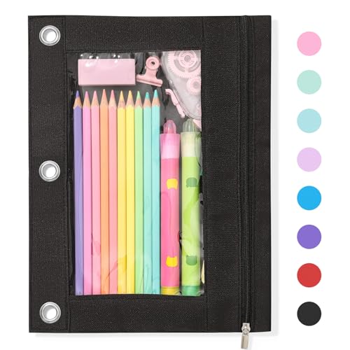 SUNEE Pencil Pouch for 3 Ring Binder, Large Zipper Pencil Case with Clear Window, 3 Reinforced Grommets, Binder Accessories for School and Office Supplies Storage, Black - color: Black