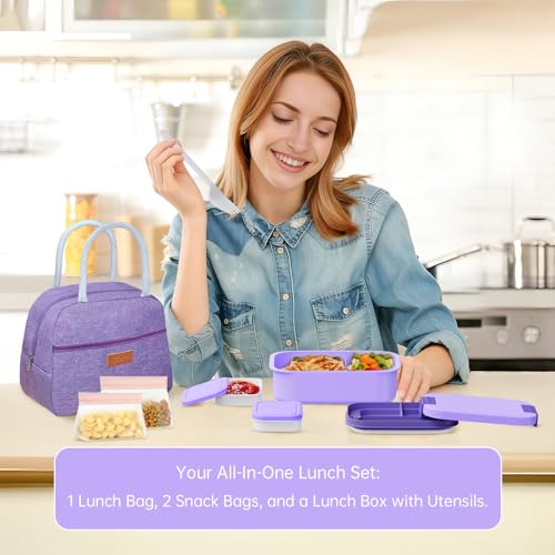 JBGOYON 4-in-1 Bento Box and Insulated Lunch Bag Set, Purple | 6-hour insulation, 7.5 L lunch bag, leakproof 1.9 L container with 2 sauce cups, fork and spoon, 2 snack bags, BPA-fre - color: Purple